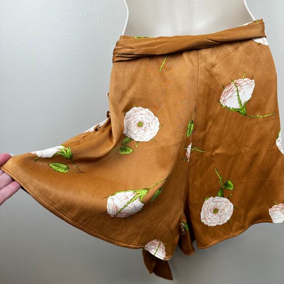 NEW Maeve Anthropologie Floral Silky Satin Tie Shorts Skort Brown Size 6 Boho - Picture 7 of 13
